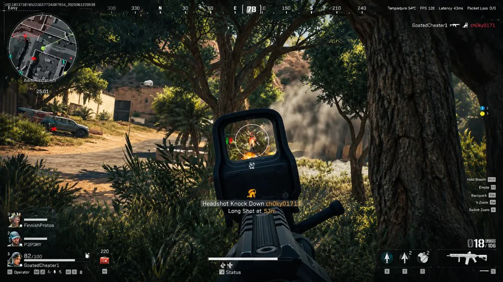 Delta Force HUD during a forest fight, aiming through a scope at a highlighted enemy with headshot knockdown text on screen.